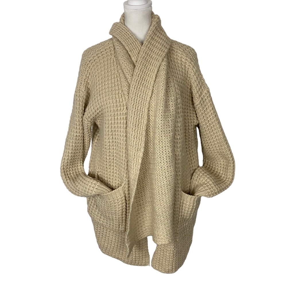 POL Women Open Front Crochet Long Sleeve Sweater Cardigan Sz S Tan Beachy 13-15